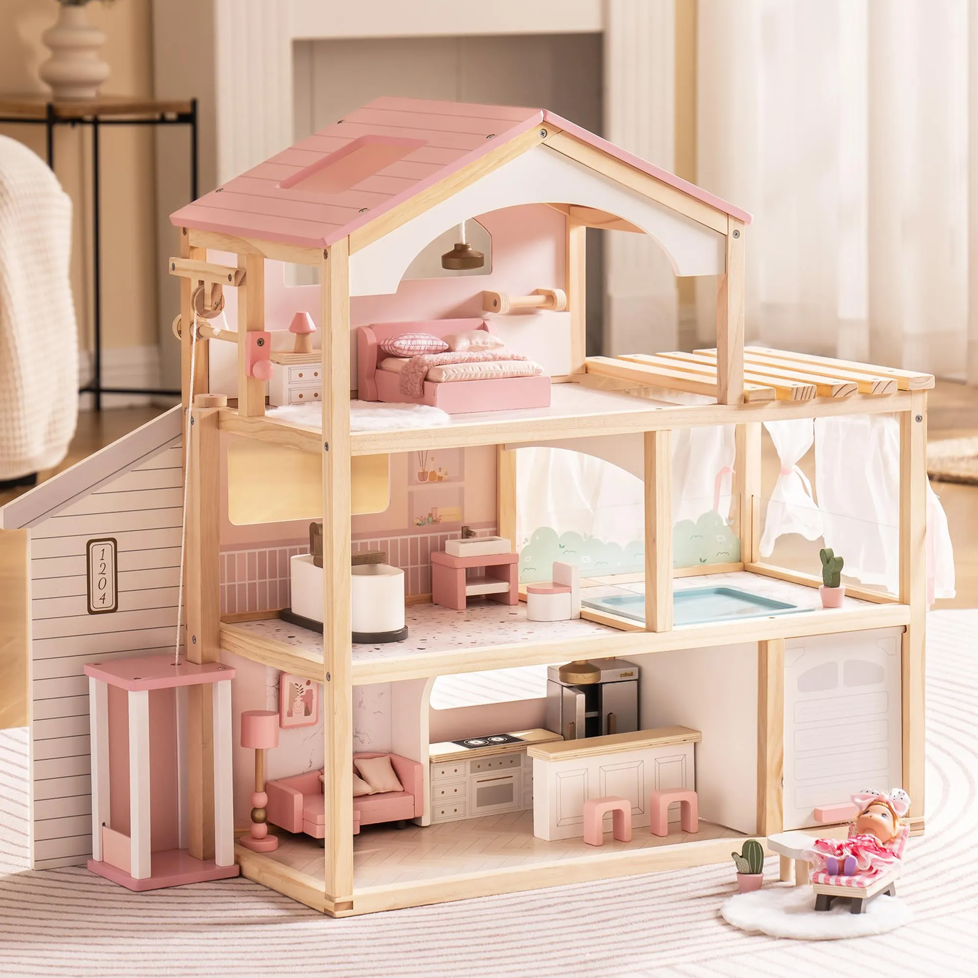 Cottage wooden dollhouse, front view, fully furnished